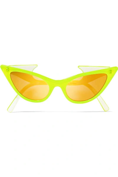 Shop Le Specs + Adam Selman The Prowler Cat-eye Neon Acetate Mirrored Sunglasses In Yellow