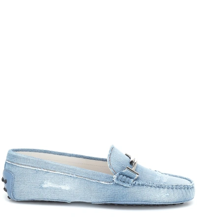 Shop Tod's Double T Gommino Denim Loafers In Blue
