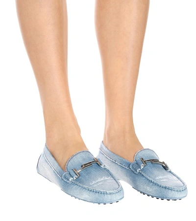 Shop Tod's Double T Gommino Denim Loafers In Blue