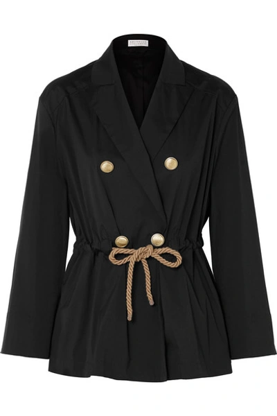 Shop Brunello Cucinelli Belted Double-breasted Stretch Cotton-blend Poplin Jacket In Black