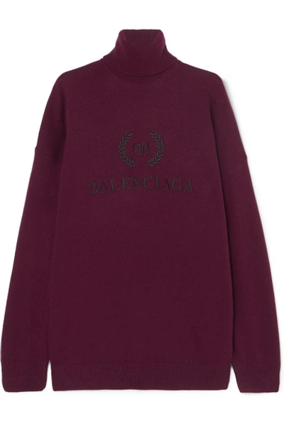 Shop Balenciaga Embroidered Wool And Cashmere-blend Turtleneck Sweater In Claret