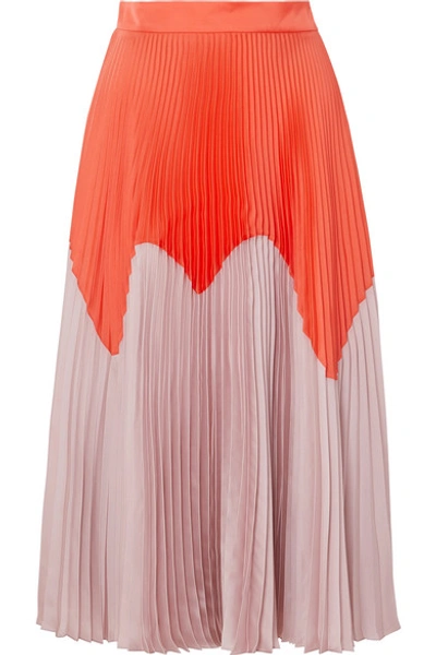 Shop Roksanda Two-tone Pleated Satin Midi Skirt In Orange