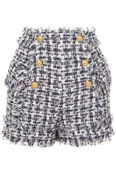 Shop Balmain Button-embellished Tweed Shorts In Blue