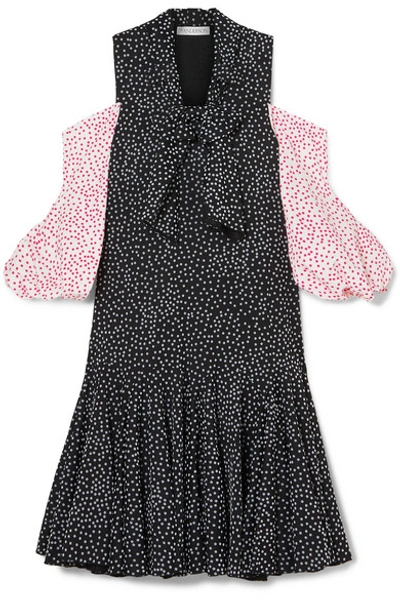 Shop Jw Anderson Cold-shoulder Polka-dot Flocked Crepe Midi Dress In Black