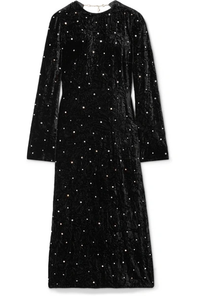 Shop Miu Miu Open-back Crystal-embellished Crushed-velvet Midi Dress In Black