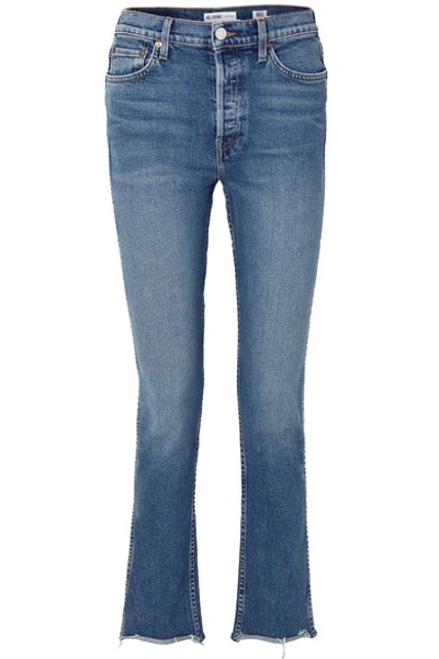 Shop Re/done Double Needle Long Frayed High-rise Slim-leg Jeans In Mid Denim