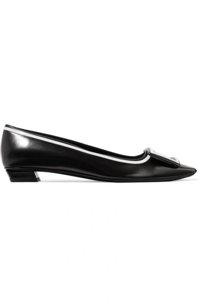 Shop Roger Vivier Belle Vivier Graphic Patent-trimmed Leather Flats In Black