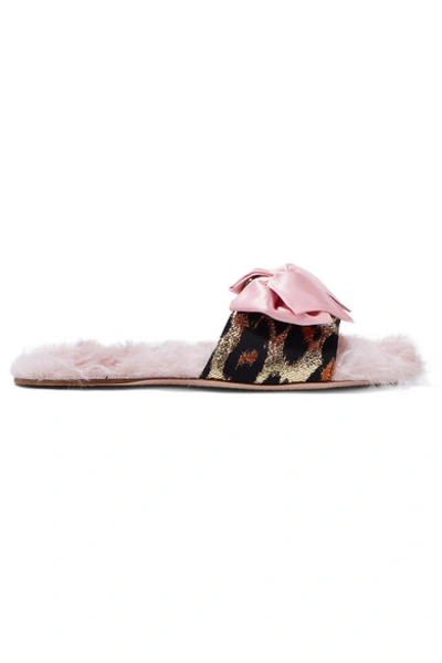 Shop Miu Miu Shearling-lined Bow-embellished Metallic Fil Coupé Slides In Baby Pink