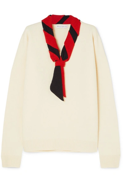 Shop Jw Anderson Tie-neck Merino Wool Sweater In Ivory