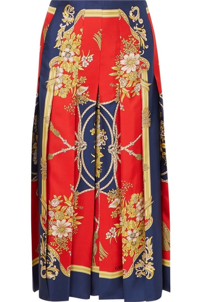 Shop Gucci Pleated Printed Silk-twill Skirt