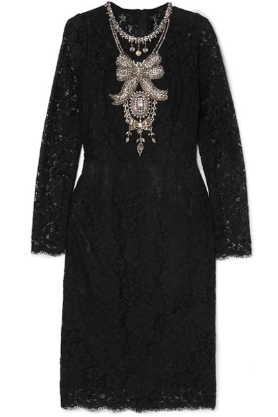 Shop Dolce & Gabbana Crystal-embellished Corded Lace And Tulle Dress In Black