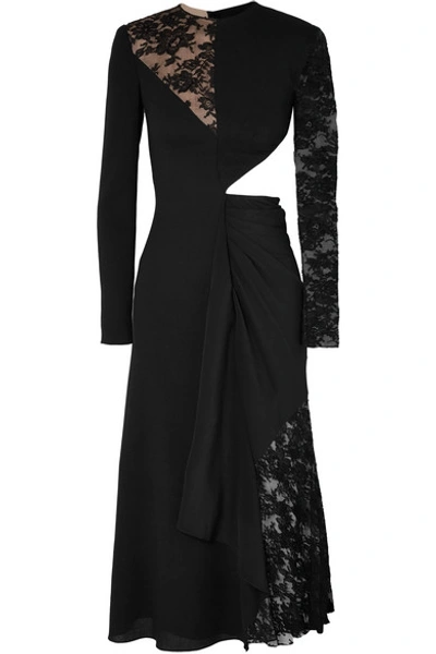 Shop Givenchy Cutout Paneled Wool-crepe, Silk Crepe De Chine And Lace Midi Dress In Black