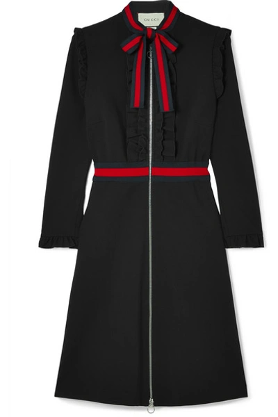 Shop Gucci Ruffled Grosgrain-trimmed Stretch-cady Dress In Black