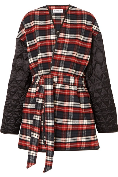 Shop Balenciaga Leather-trimmed Checked Cotton-flannel And Quilted Satin Coat In Red