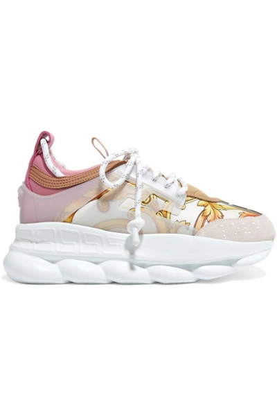 Shop Versace Chain Reaction Printed Canvas, Neoprene And Suede Platform Sneakers