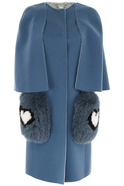 Shop Fendi Fur Pocket Cape Coat In Blue