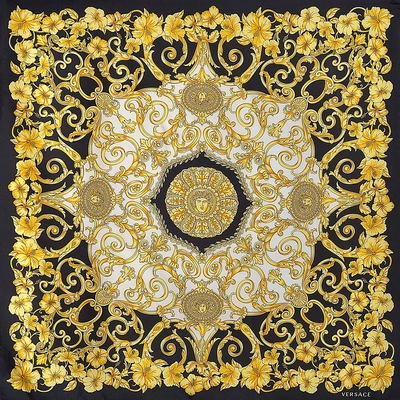Shop Versace | Gold Hibiscus 90x90 Printed Scarf In Multicolored Silk