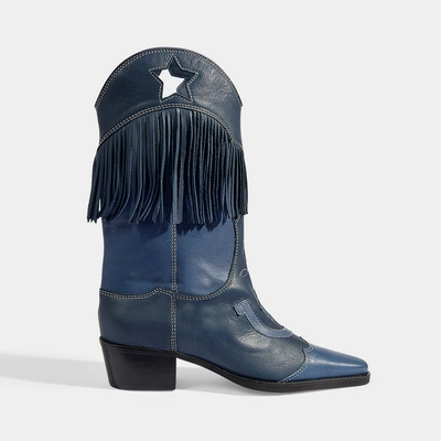 Shop Ganni | Tove Western Franged Mid Boots In Blue Calfskin And Suede