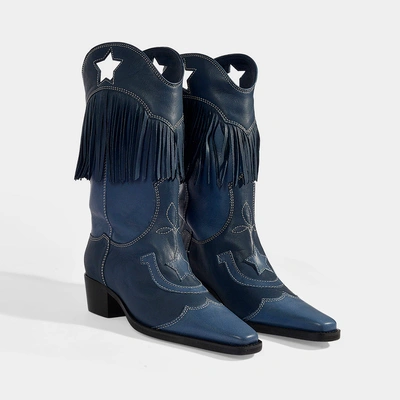 Shop Ganni | Tove Western Franged Mid Boots In Blue Calfskin And Suede