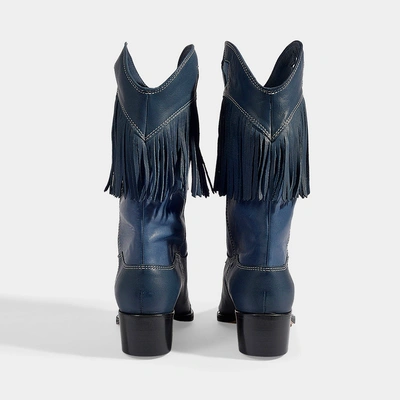 Shop Ganni | Tove Western Franged Mid Boots In Blue Calfskin And Suede