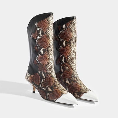 Shop Ganni | Zoey Western Python Print Boots In Black And Brown Snake Embossed Calfskin