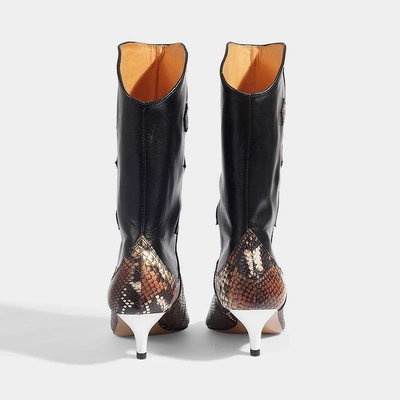 Shop Ganni | Zoey Western Python Print Boots In Black And Brown Snake Embossed Calfskin
