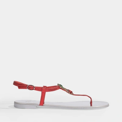 Giuseppe Zanotti Cherry Flat Sandals In Red And Silver Leather And Crystals | ModeSens