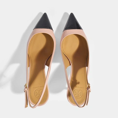 Shop Tory Burch | Penelope 65 Two Tone Slingbacks In Sea Shell Pink And Black Calf And Patent Leathers