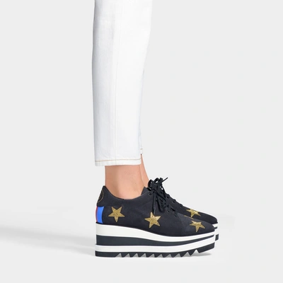 Shop Stella Mccartney | Sneakelyse Star Platform Sneakers In Black And Gold Synthetic Fabric