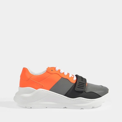 Shop Burberry | Reg L Low Multi Sneakers In Silver Grey And Orange Synthetic Fabric