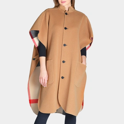 Shop Burberry | Solid To Check Reversible Cape In Camel Wool