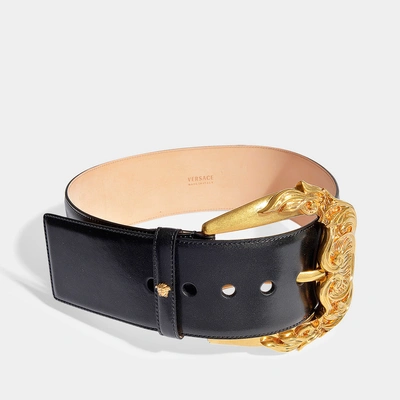 Shop Versace | Barocco Buckle Waist Belt In Black Calf Leather