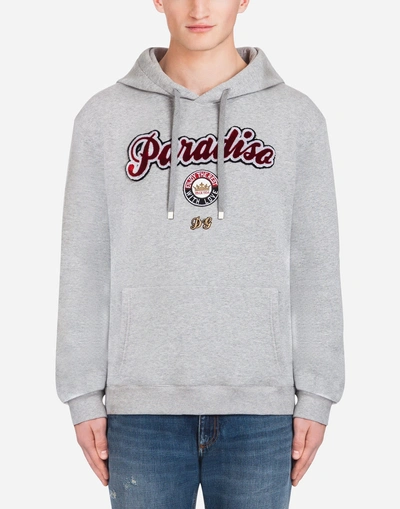 Shop Dolce & Gabbana Cotton Sweatshirt With Patches And Hood In Gray