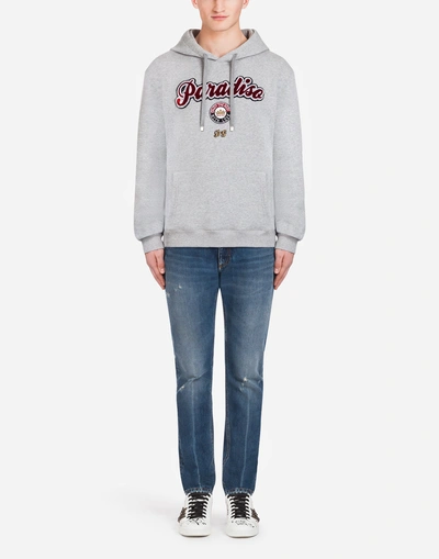 Shop Dolce & Gabbana Cotton Sweatshirt With Patches And Hood In Gray