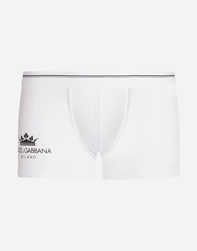 Shop Dolce & Gabbana Boxers In Stretch Cotton Pima With Crown Print In White