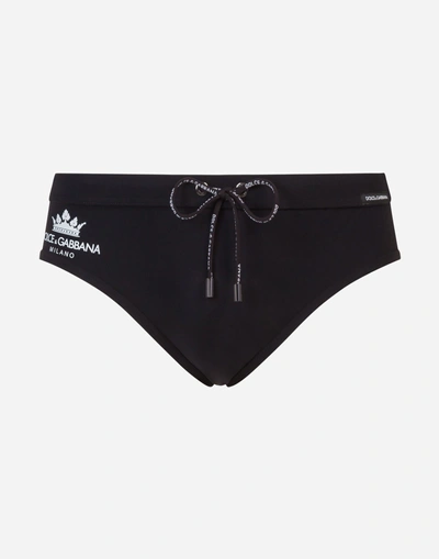 Shop Dolce & Gabbana Swimming Briefs With Crown Print And Pouch Bag In Black