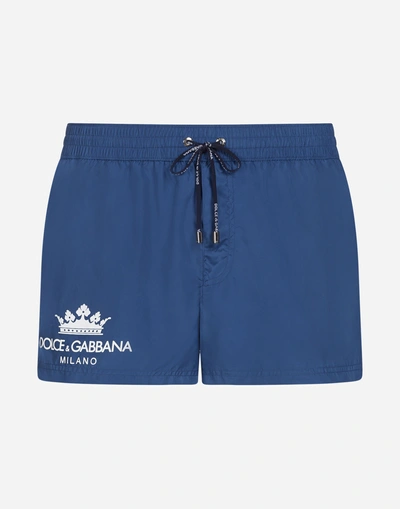Shop Dolce & Gabbana Short Swimming Trunks With Crown Print With Pouch Bag In Light Blue