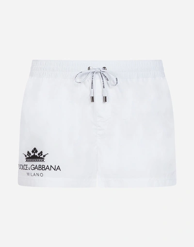 Shop Dolce & Gabbana Short Swimming Trunks With Crown Print With Pouch Bag In White