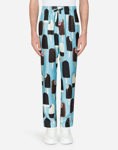 Shop Dolce & Gabbana Printed Silk Pajama Pants In Light Blue