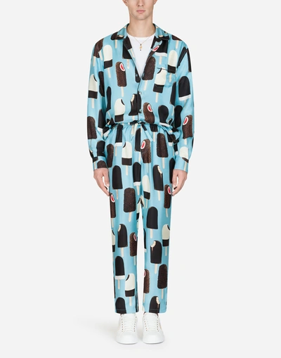 Shop Dolce & Gabbana Printed Silk Pajama Shirt In Light Blue