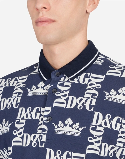 Shop Dolce & Gabbana Printed Cotton Piqué Polo Shirt In Blue