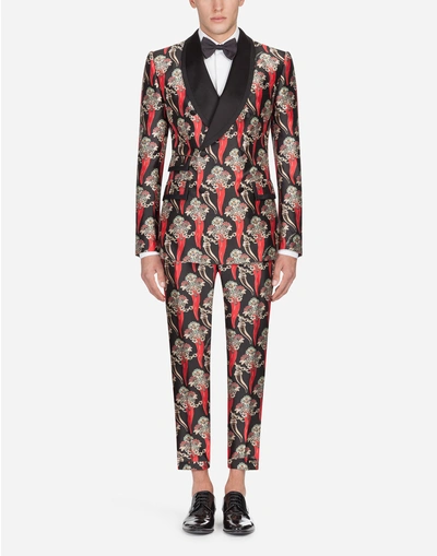 Shop Dolce & Gabbana Casinò Tuxedo Suit In Printed Silk Mikado In Multi-colored