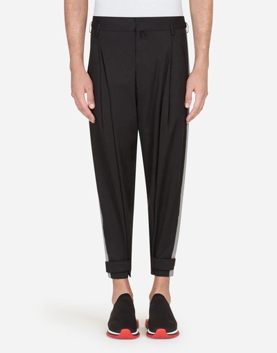 Shop Dolce & Gabbana Trousers In Cotton With Side Stripes In Black