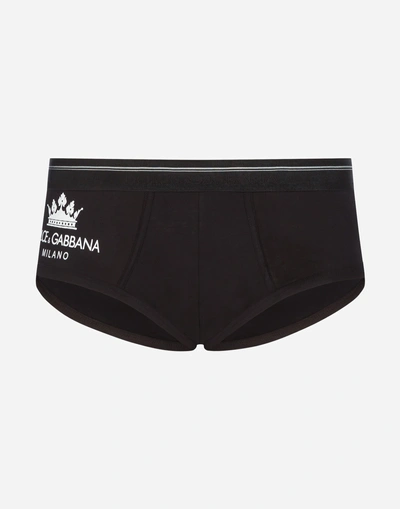 Shop Dolce & Gabbana Brando Briefs In Stretch Cotton Pima With Crown Print In Black