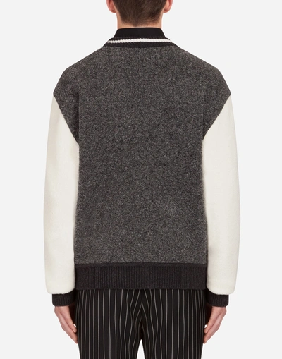 Shop Dolce & Gabbana Wool Blend Cardigan With Patch In Gray