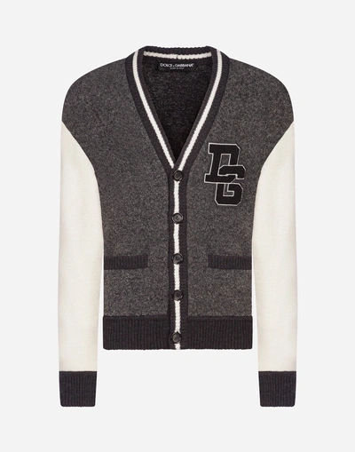 Shop Dolce & Gabbana Wool Blend Cardigan With Patch In Gray