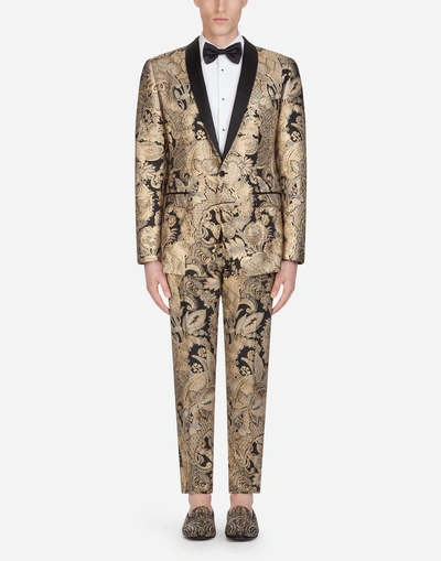 Shop Dolce & Gabbana Tuxedo Blazer In Lurex Jacquard In Gold