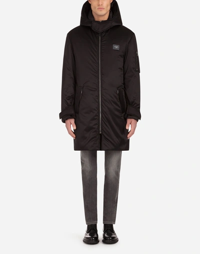 Shop Dolce & Gabbana Satin Parka With Hood And Logo Plate In Black