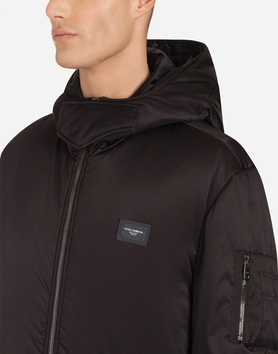 Shop Dolce & Gabbana Satin Parka With Hood And Logo Plate In Black