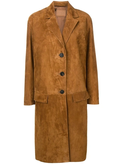 Shop Prada Long Leather Coat - Brown